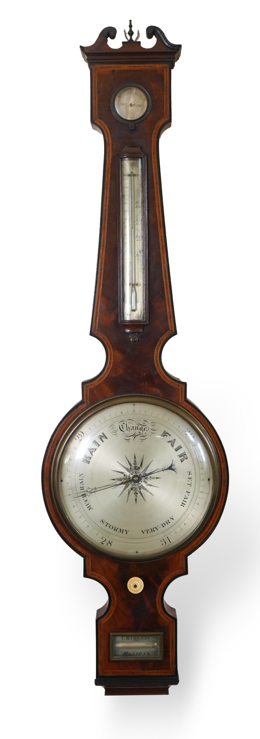 A large mid 19th century tulipwood banded mahogany wheel barometer, by C. Rimondi, Halifax